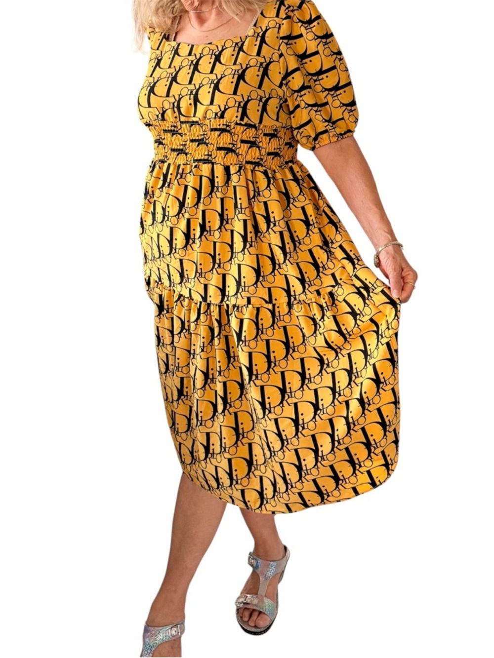 Midi length dress square neck line, mustard yellow & black Dior print fabric - Picture 5 of 15